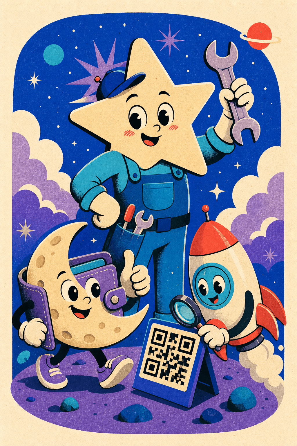 Anthropomorphic Stellar tool characters including a star engineer, moon wallet, and rocket assistant